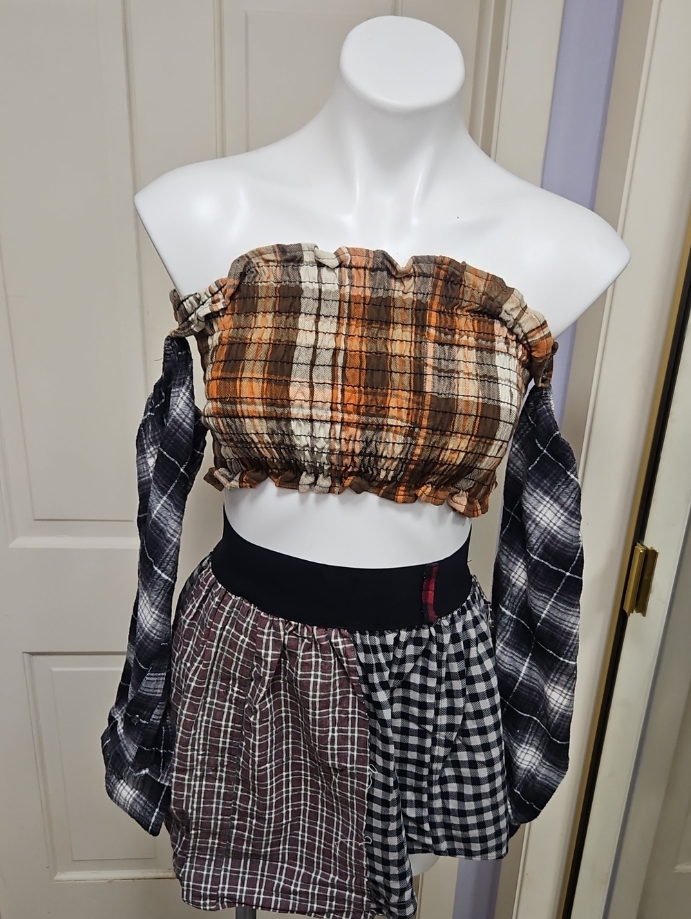 Designet Furst Plaid Fannel Off-Shoulder Crop Top with Skirt Set